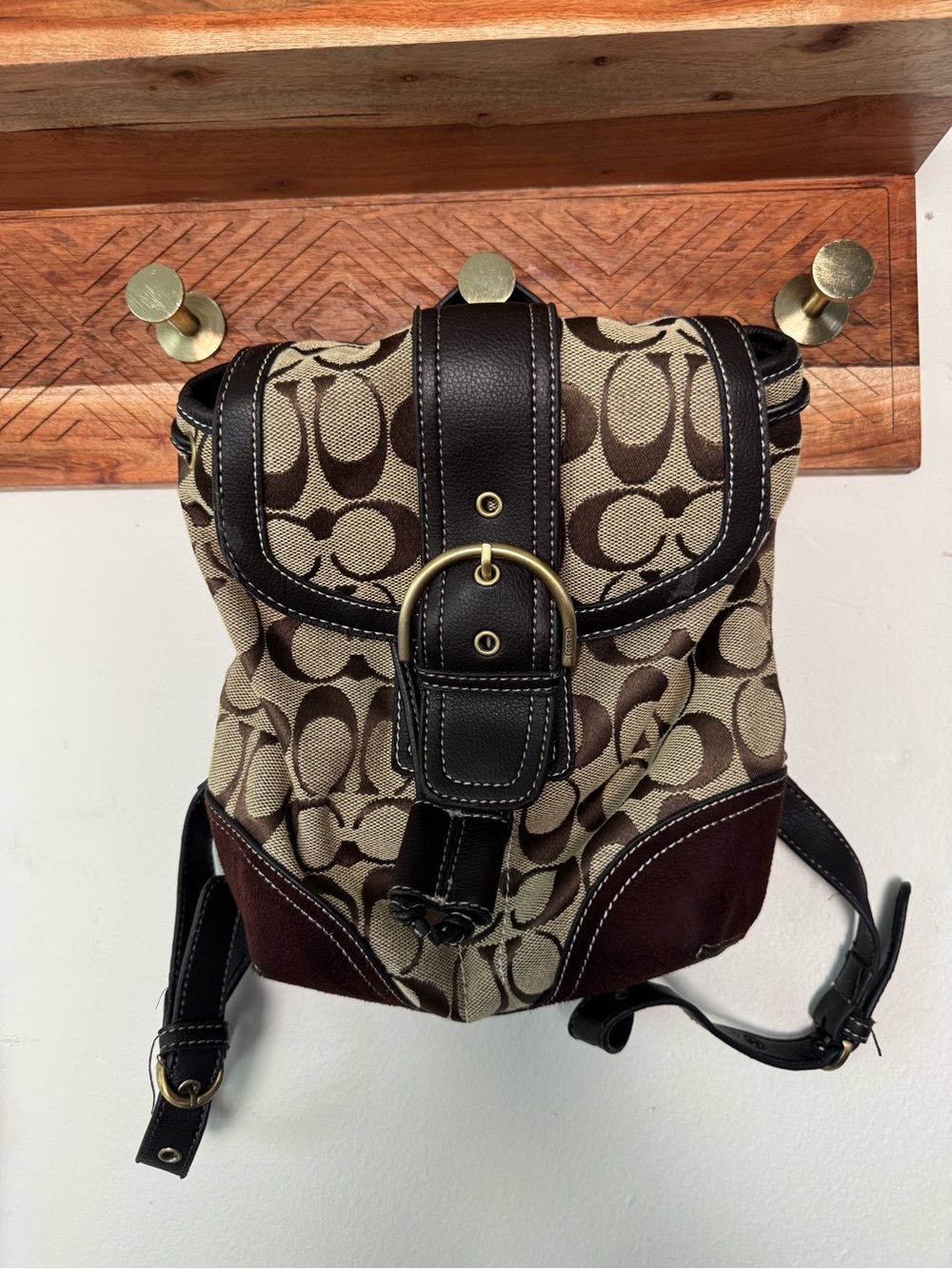 Coach Signature Canvas Backpack in Brown and Cream with Dark Brown Leather Trim